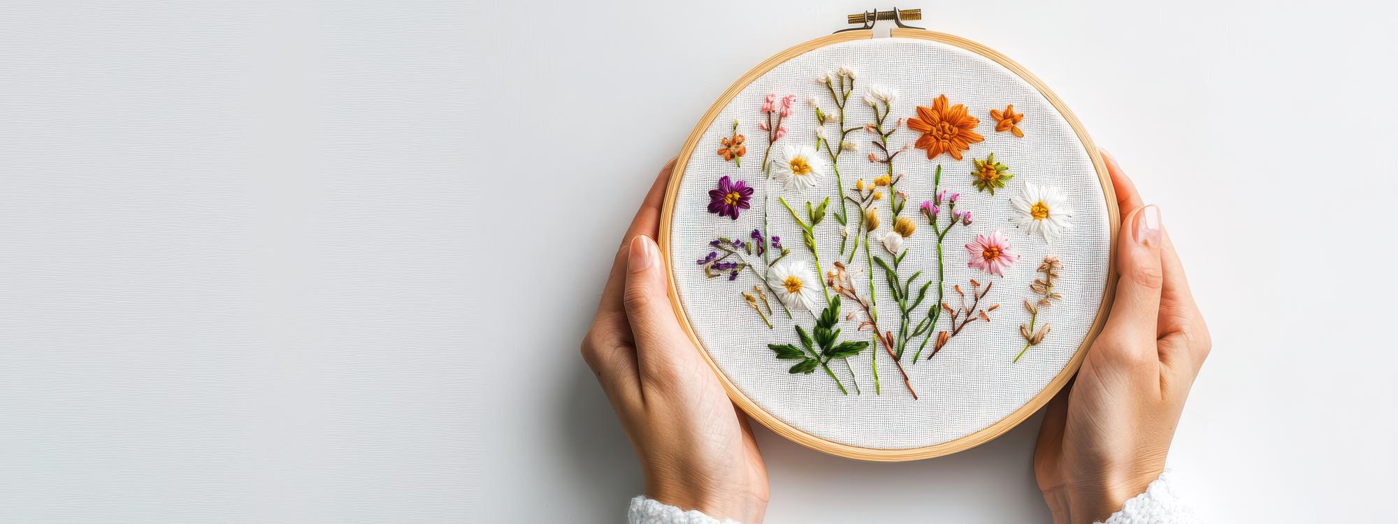close-up of hands doing floral embroidery on linen