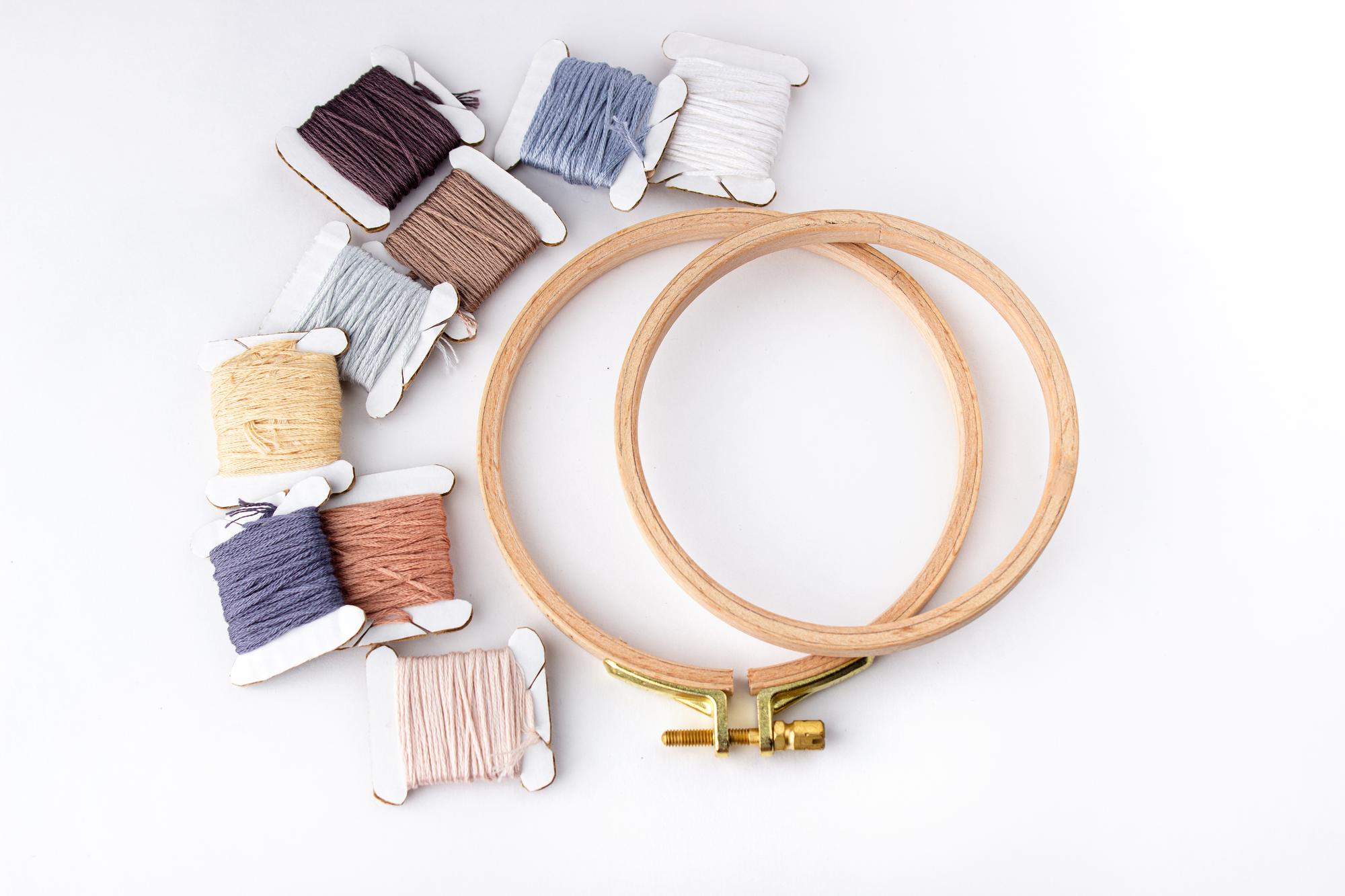 flatlay of embroidery kits and threads